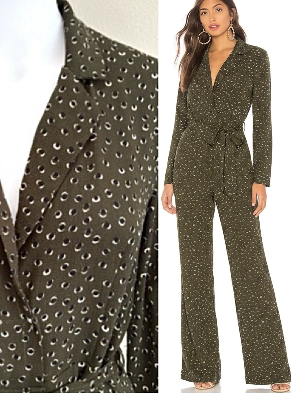 Nasty Gal Long Sleeve Collared Wide Leg Jumpsuit Size 8 Dot Patterned One Piece